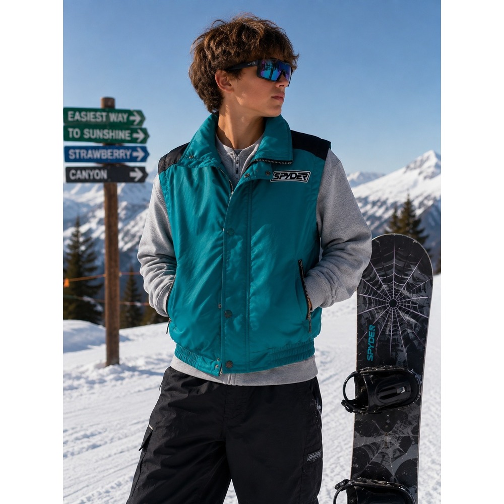 RARE Vintage Spyder Ski Vest Teal Navy Spiderweb Graphic Junior 14 90s Retro